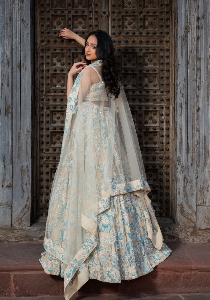 Exclusive Wisteria Lehenga with pearls and hand-embroidery in Net, Customizable, Made to Order