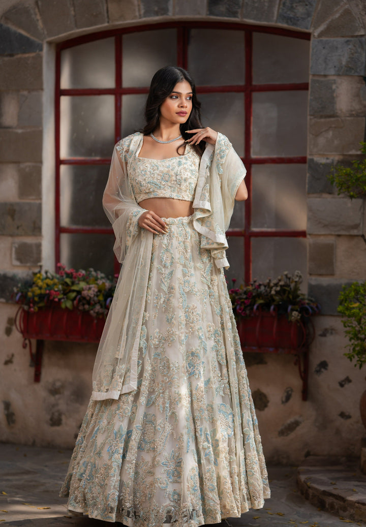 Pearls in Net Ethereal Handcrafted Lehenga in Ivory | Customizable