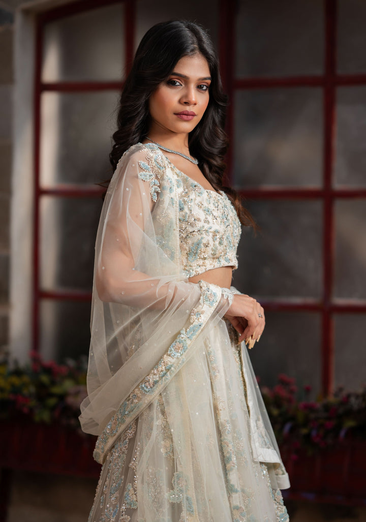 Pearls in Net Ethereal Handcrafted Lehenga in Ivory | Customizable