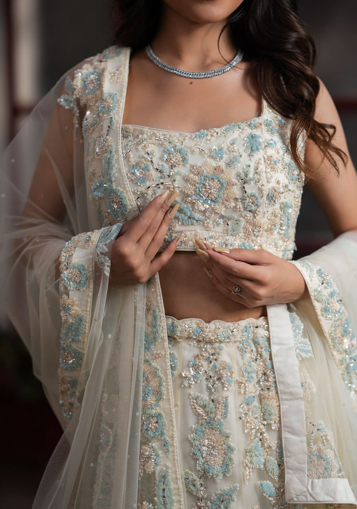 Pearls in Net Ethereal Handcrafted Lehenga in Ivory | Customizable