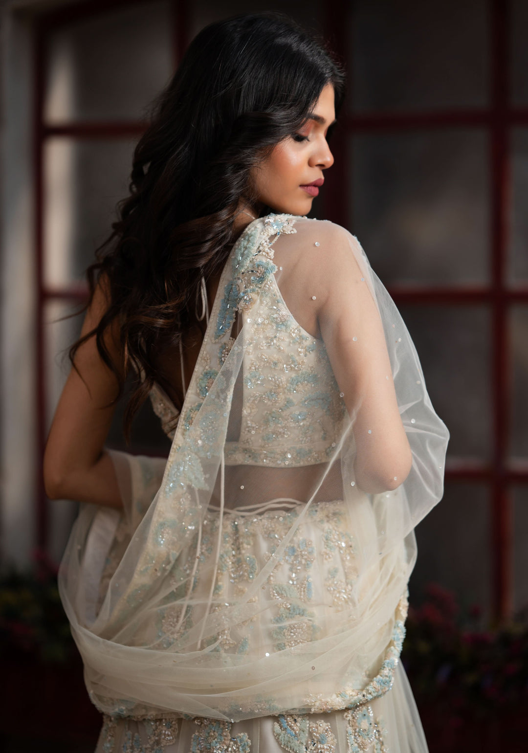 Pearls in Net Ethereal Handcrafted Lehenga in Ivory | Customizable