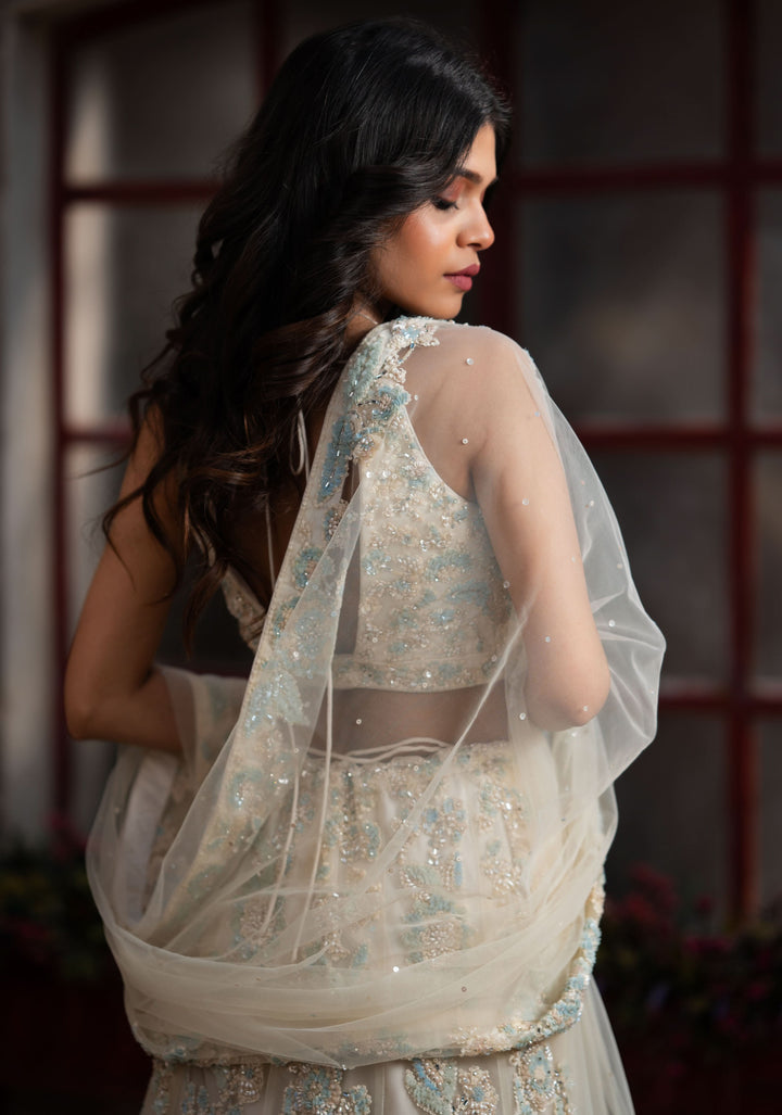 Pearls in Net Ethereal Handcrafted Lehenga in Ivory | Customizable