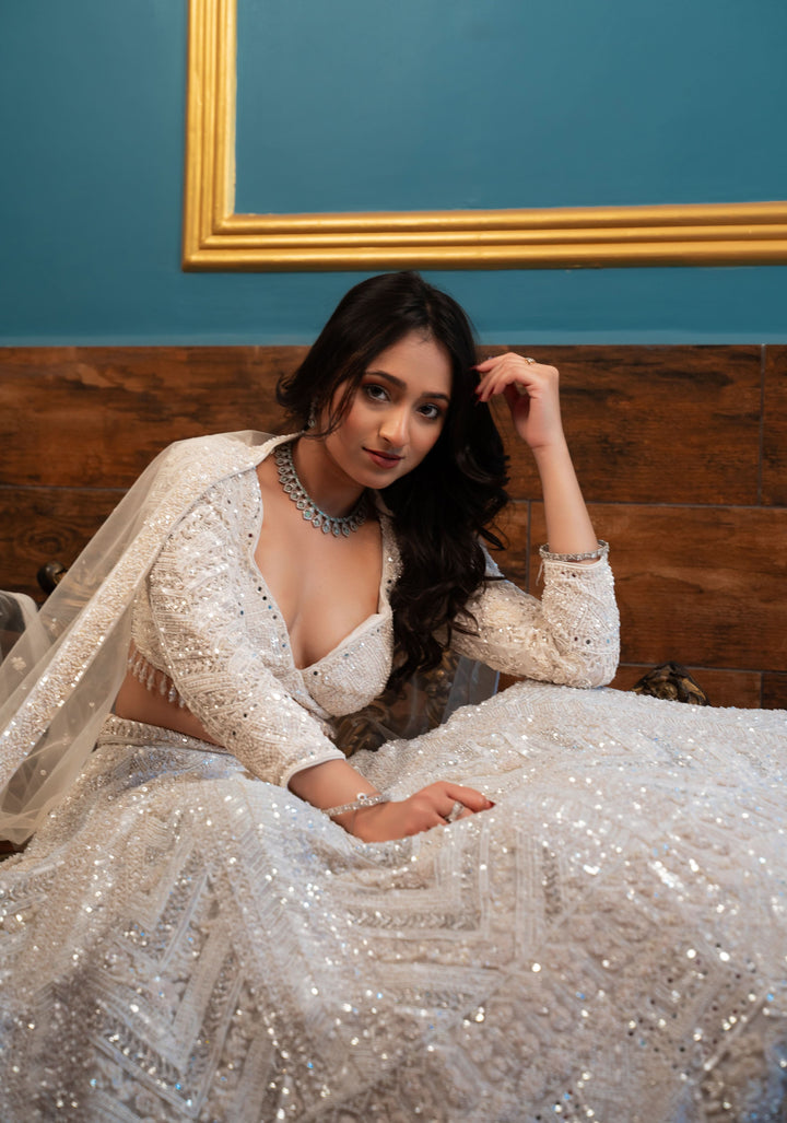 Exquisite Pearl White Dream Lehenga with handwork embellishments on Net, Customizable, Made to Order