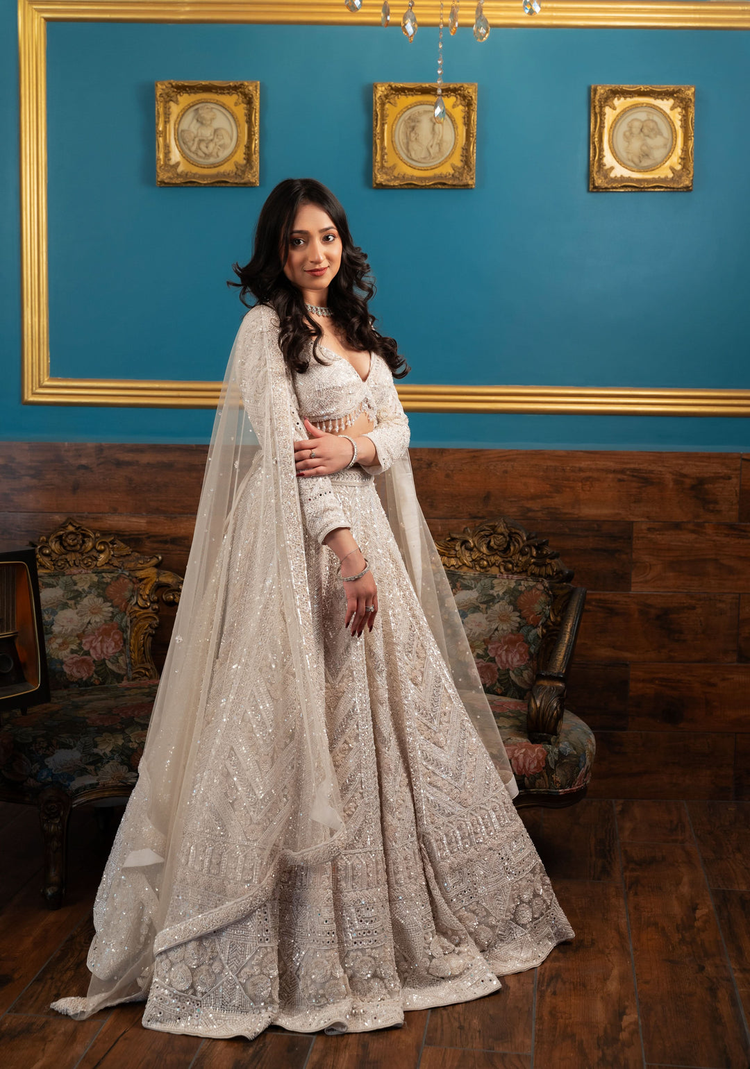Exquisite Pearl White Dream Lehenga with handwork embellishments on Net, Customizable, Made to Order