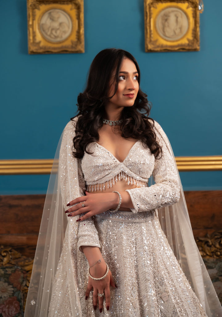 Exquisite Pearl White Dream Lehenga with handwork embellishments on Net, Customizable, Made to Order
