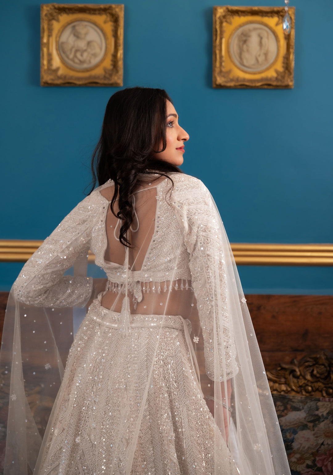 Exquisite Pearl White Dream Lehenga with handwork embellishments on Net, Customizable, Made to Order