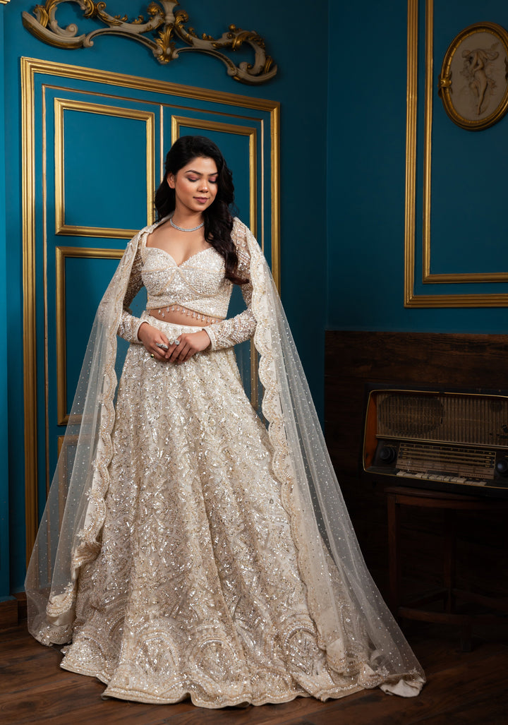 Exquisite Lehenga : White Fairytale Lehenga with hand-embroidery in Net, Customizable, Made to Order