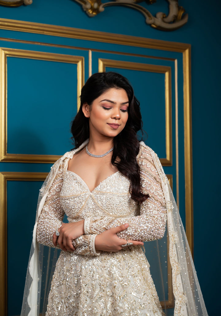 Exquisite Lehenga : White Fairytale Lehenga with hand-embroidery in Net, Customizable, Made to Order