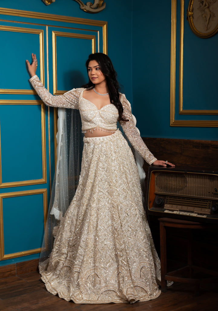 Exquisite Lehenga : White Fairytale Lehenga with hand-embroidery in Net, Customizable, Made to Order