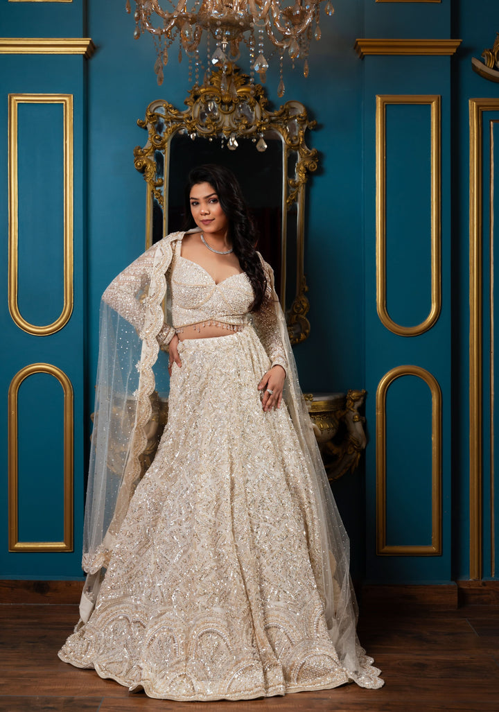Exquisite Lehenga : White Fairytale Lehenga with hand-embroidery in Net, Customizable, Made to Order