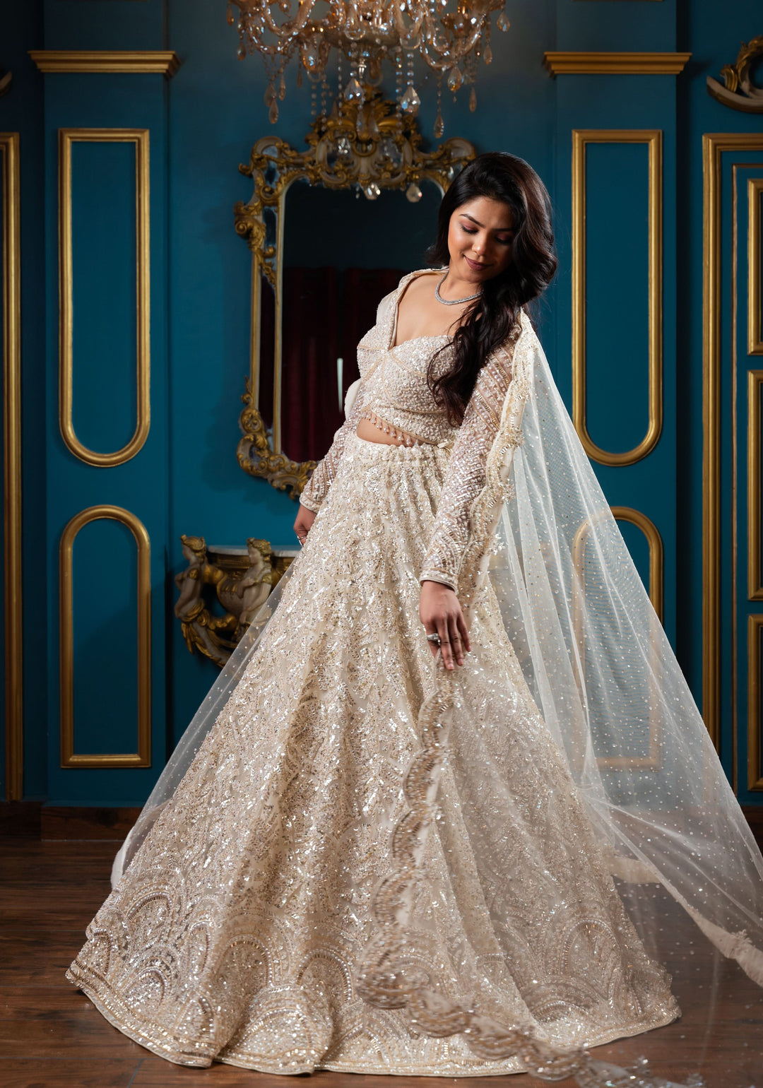 Exquisite Lehenga : White Fairytale Lehenga with hand-embroidery in Net, Customizable, Made to Order