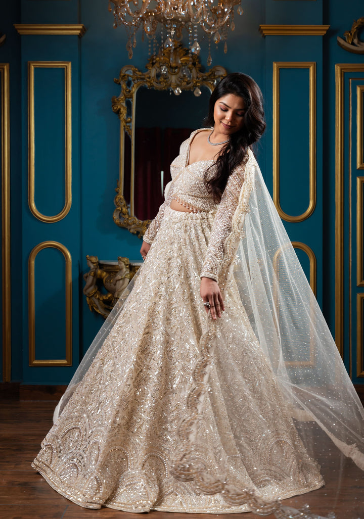Exquisite Lehenga : White Fairytale Lehenga with hand-embroidery in Net, Customizable, Made to Order