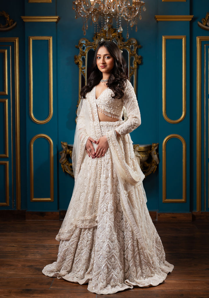 Enchanting Magnolia Lehenga with hand-embroidery in Net Customizable, Made to Order