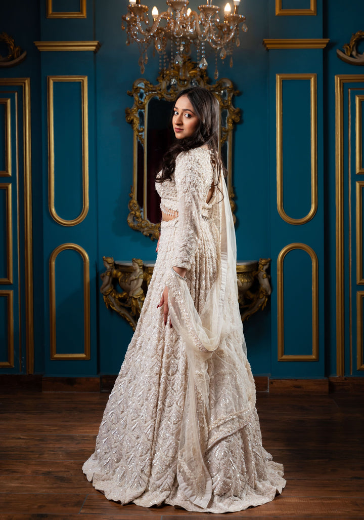Enchanting Magnolia Lehenga with hand-embroidery in Net Customizable, Made to Order