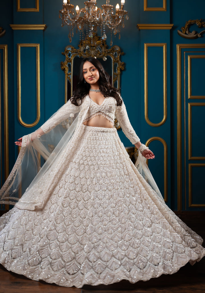 Enchanting Magnolia Lehenga with hand-embroidery in Net Customizable, Made to Order