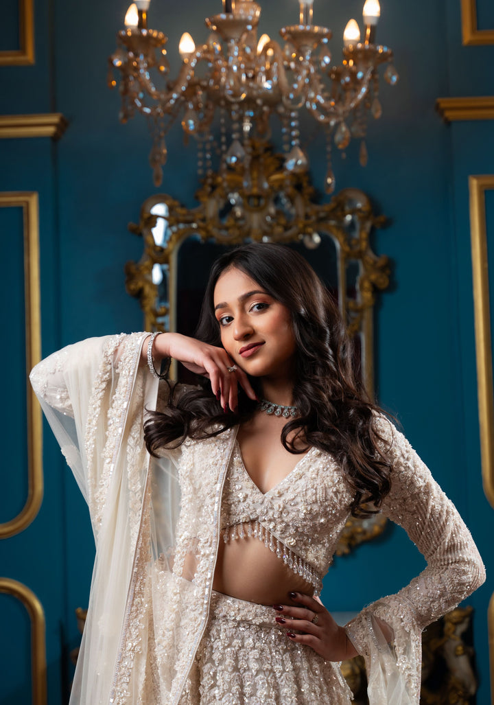 Enchanting Magnolia Lehenga with hand-embroidery in Net Customizable, Made to Order