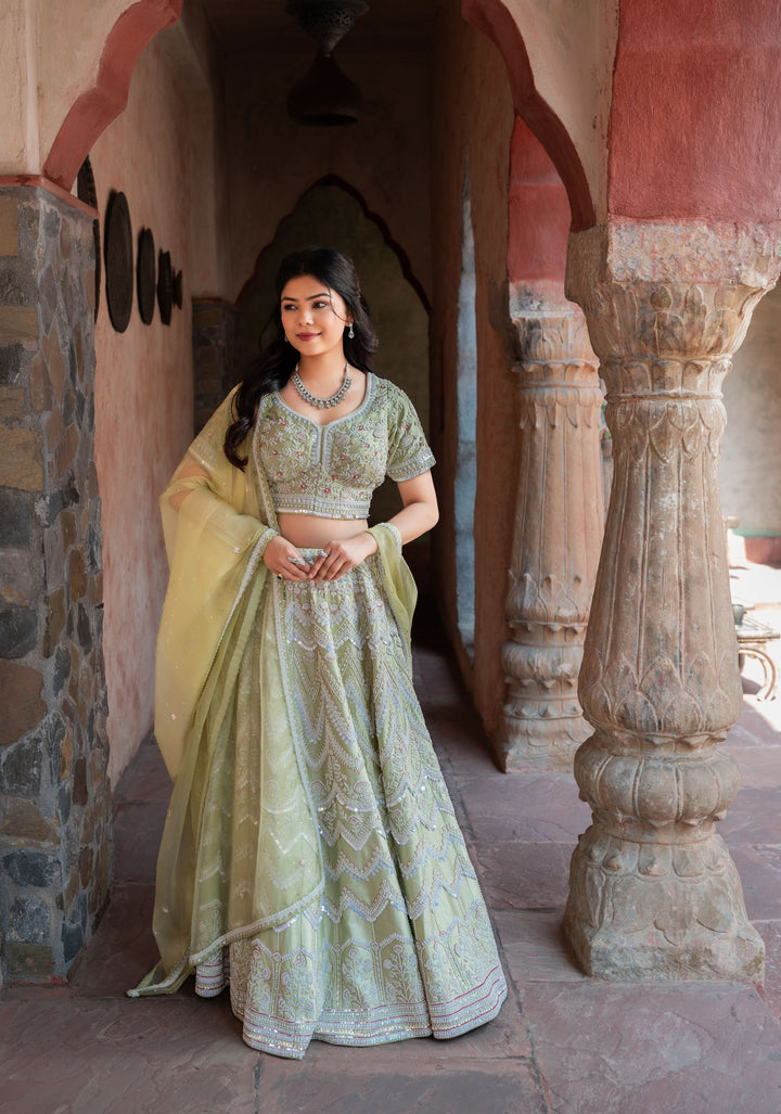 Exquisite Mint Lehenga with hand-embroidery in Raw Silk, Customizable, Made to Order