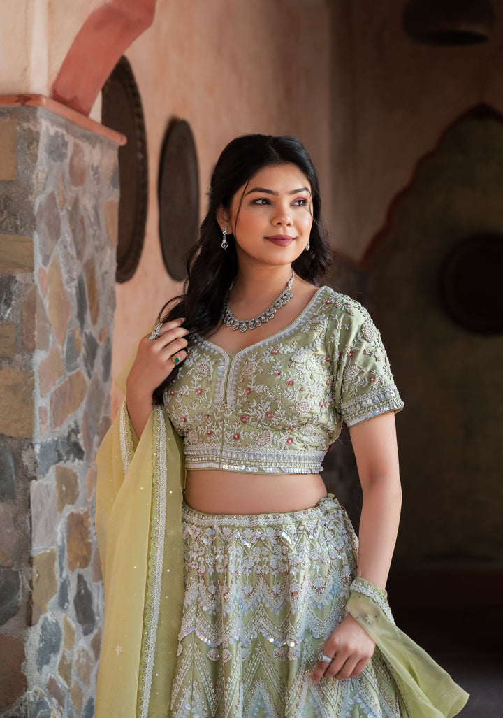Exquisite Mint Lehenga with hand-embroidery in Raw Silk, Customizable, Made to Order