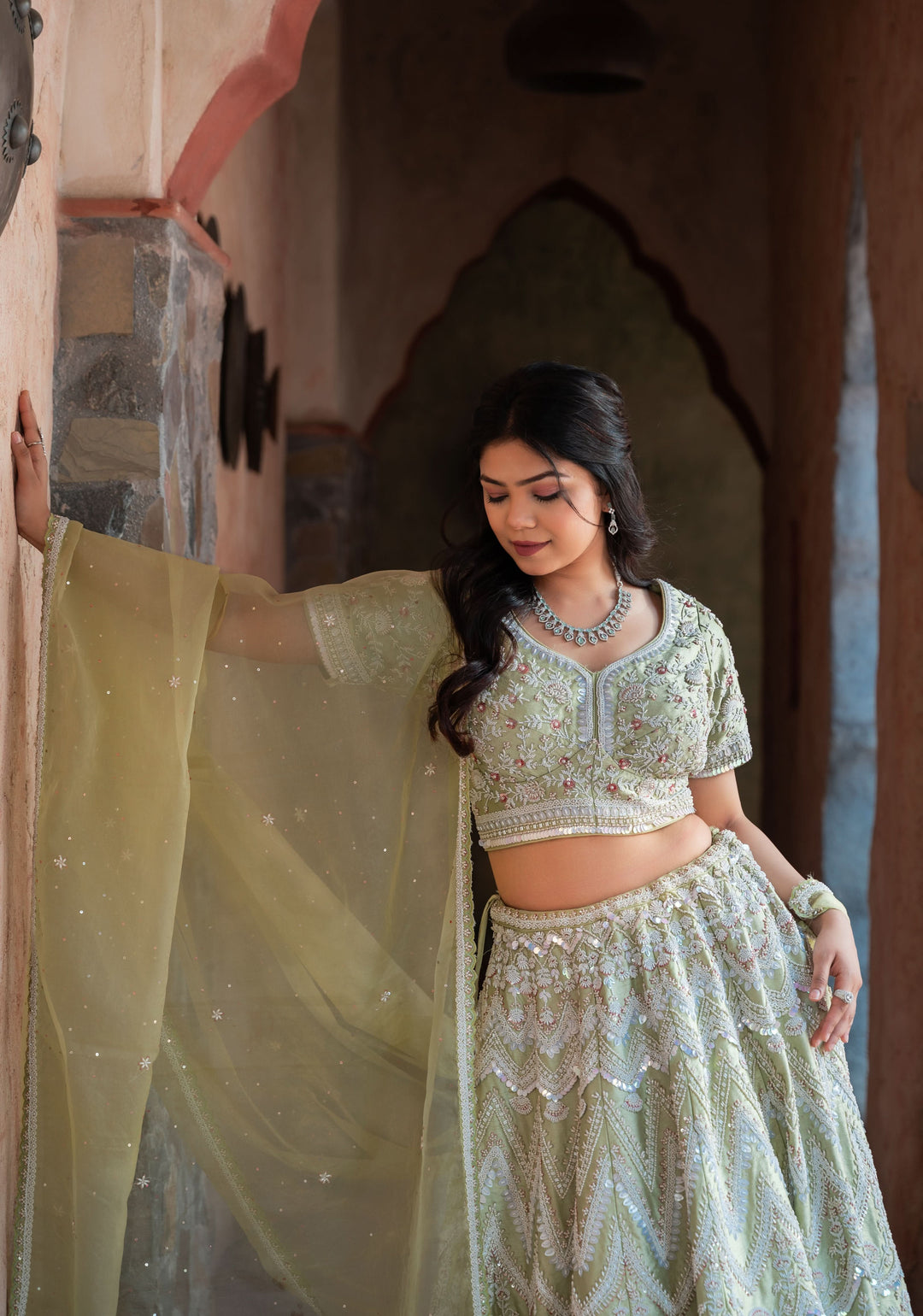 Exquisite Mint Lehenga with hand-embroidery in Raw Silk, Customizable, Made to Order