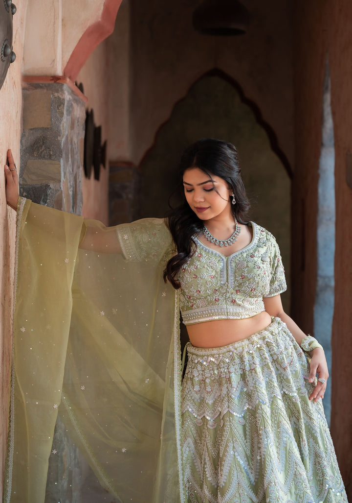 Exquisite Mint Lehenga with hand-embroidery in Raw Silk, Customizable, Made to Order
