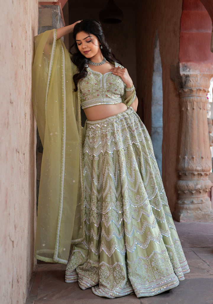 Exquisite Mint Lehenga with hand-embroidery in Raw Silk, Customizable, Made to Order