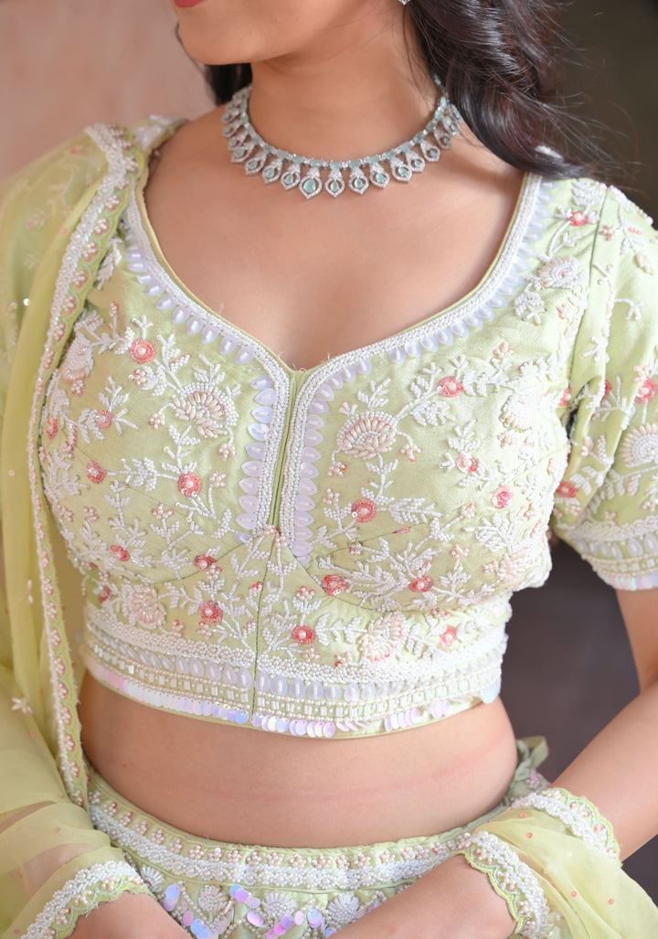 Exquisite Mint Lehenga with hand-embroidery in Raw Silk, Customizable, Made to Order