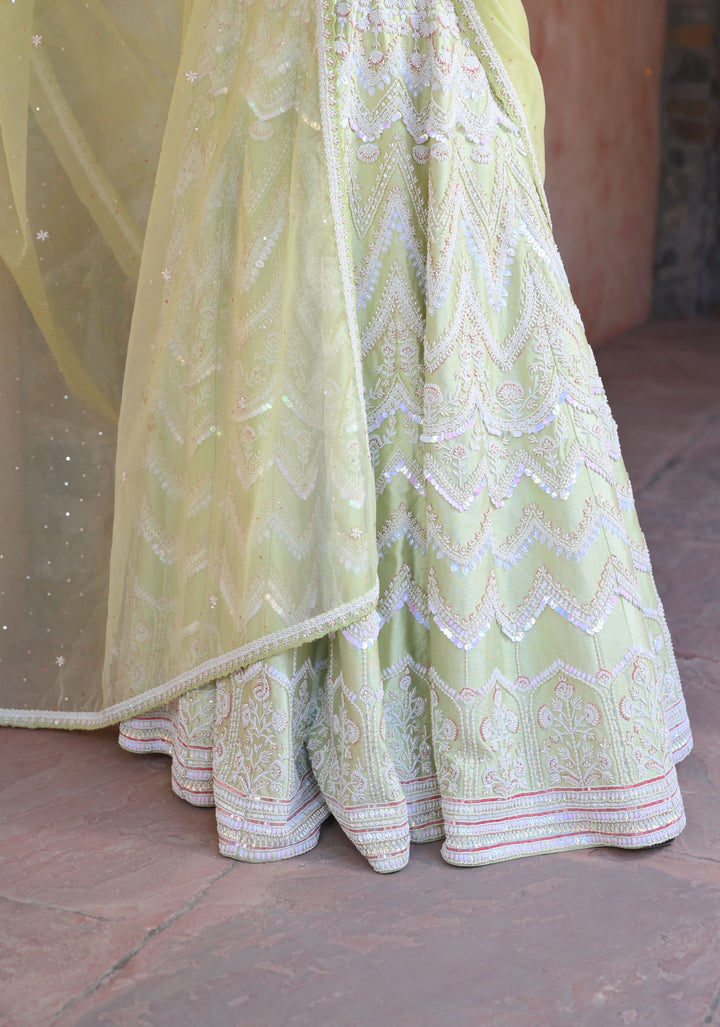 Exquisite Mint Lehenga with hand-embroidery in Raw Silk, Customizable, Made to Order