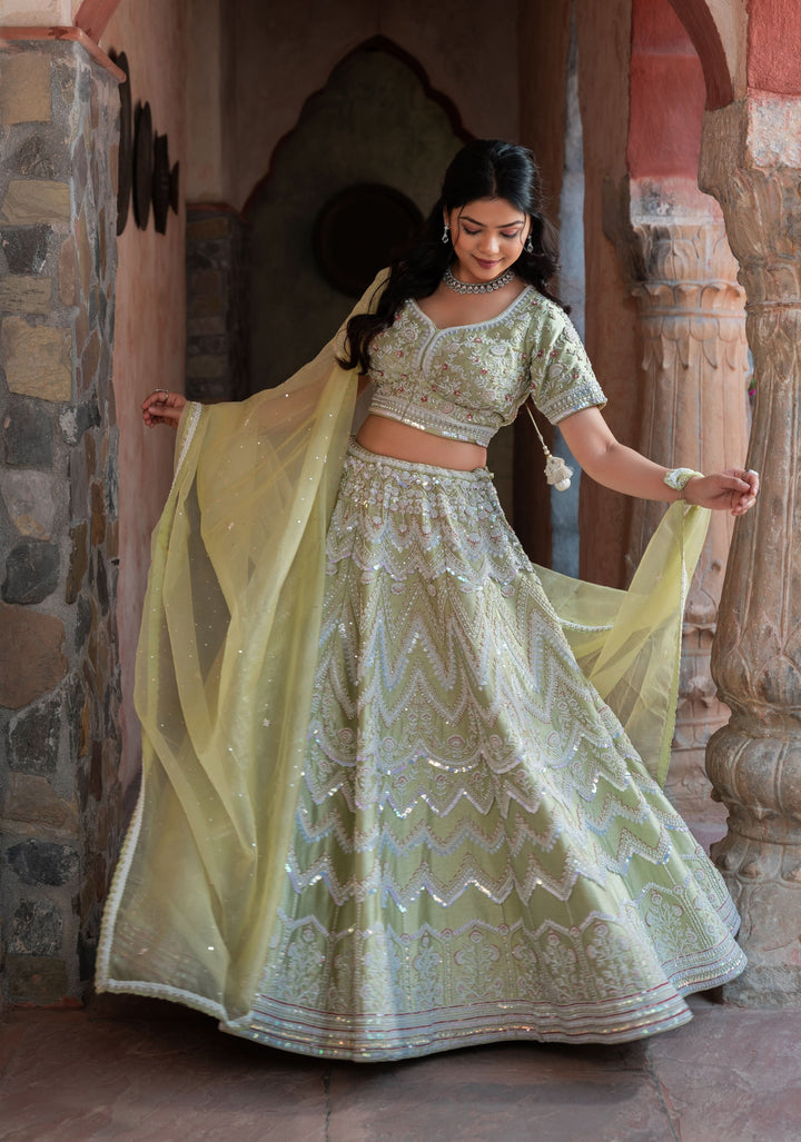 Exquisite Mint Lehenga with hand-embroidery in Raw Silk, Customizable, Made to Order