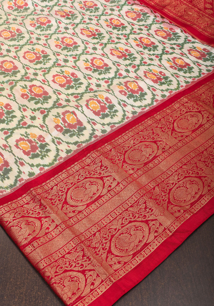 Florals Jaal Ikkat Patola Kanjivaram Fusion Silk Saree with zari border | SILK MARK CERTIFIED
