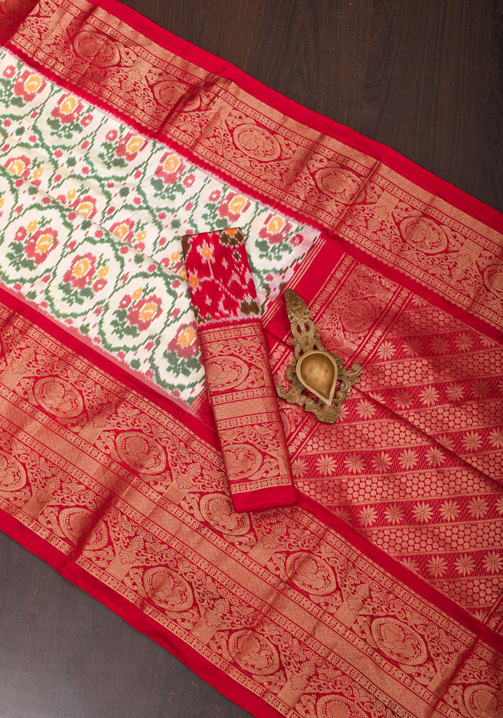 Florals Jaal Ikkat Patola Kanjivaram Fusion Silk Saree with zari border | SILK MARK CERTIFIED