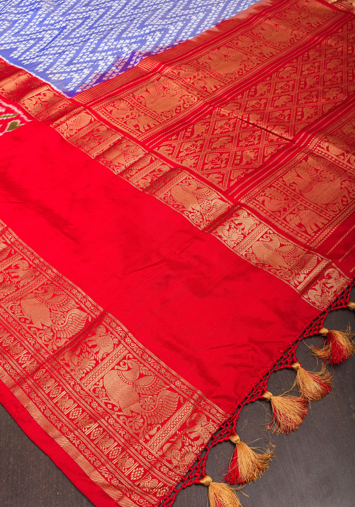 Blue Ikkat Patola Kanjivaram Fusion Silk Saree with Panel design and wide zari border |SILK MARK CERTIFIED