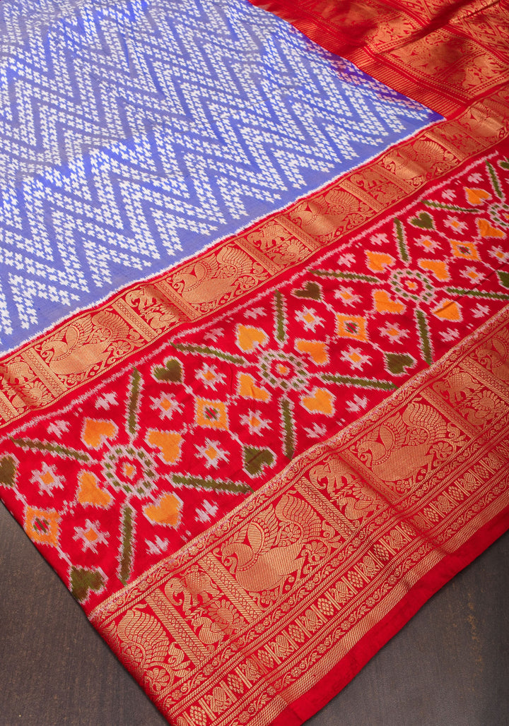 Blue Ikkat Patola Kanjivaram Fusion Silk Saree with Panel design and wide zari border |SILK MARK CERTIFIED