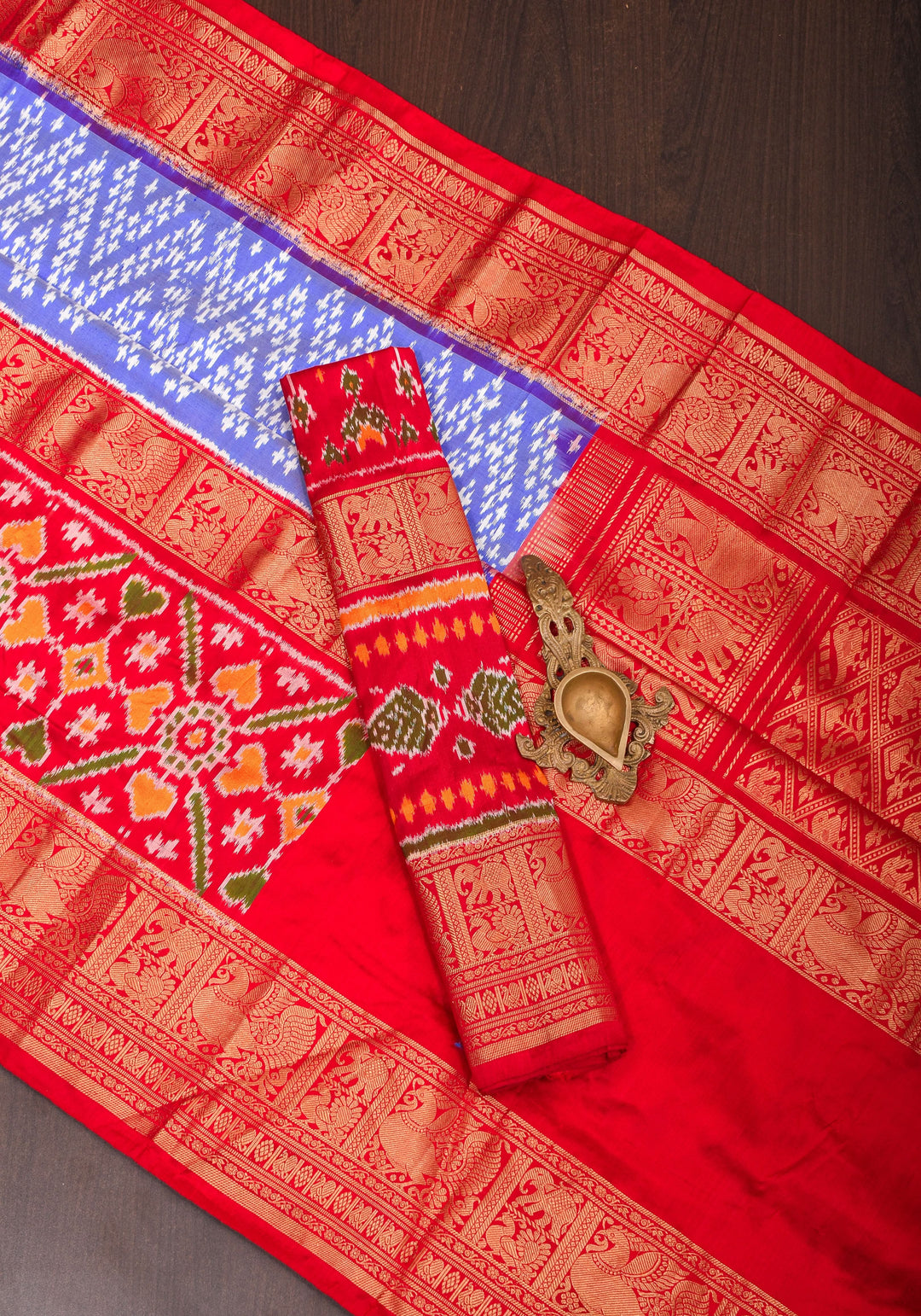 Blue Ikkat Patola Kanjivaram Fusion Silk Saree with Panel design and wide zari border |SILK MARK CERTIFIED