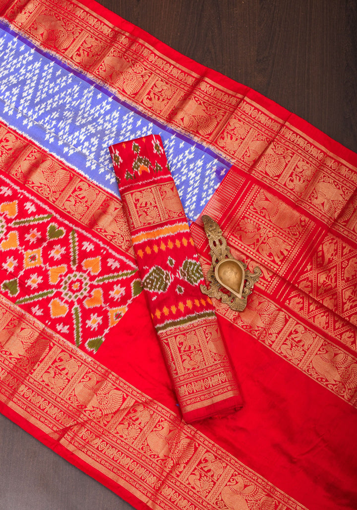 Blue Ikkat Patola Kanjivaram Fusion Silk Saree with Panel design and wide zari border |SILK MARK CERTIFIED