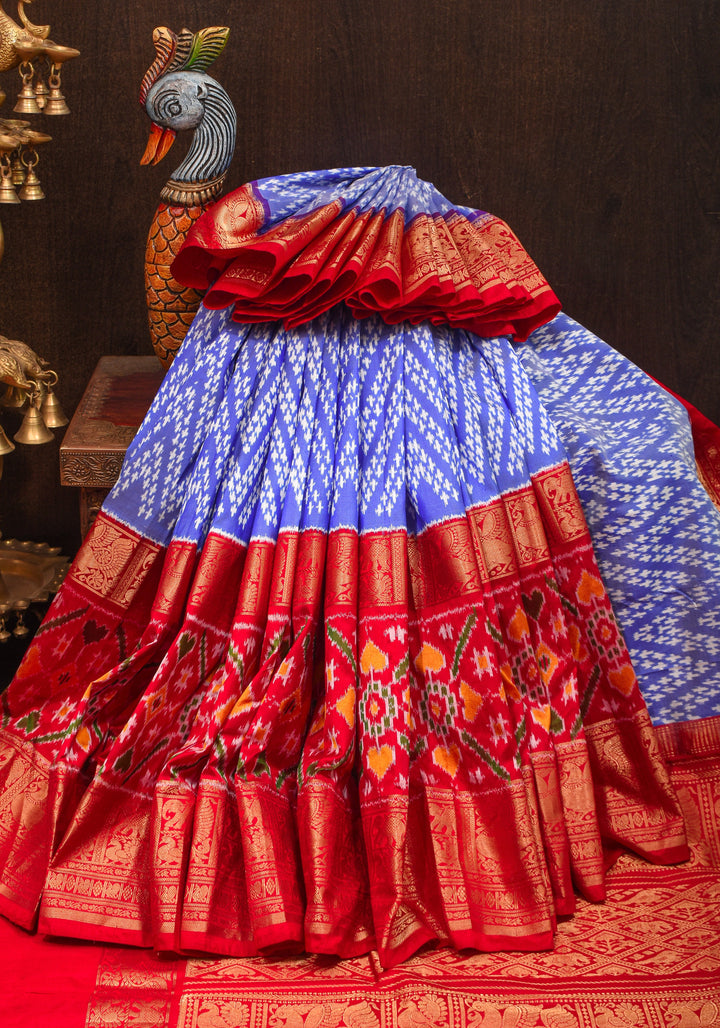 Blue Ikkat Patola Kanjivaram Fusion Silk Saree with Panel design and wide zari border |SILK MARK CERTIFIED
