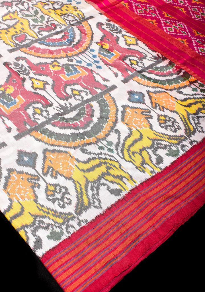 Off White Vanasingaram ikkat Silk Saree with Contrast Red Border | SILK MARK CERTIFIED