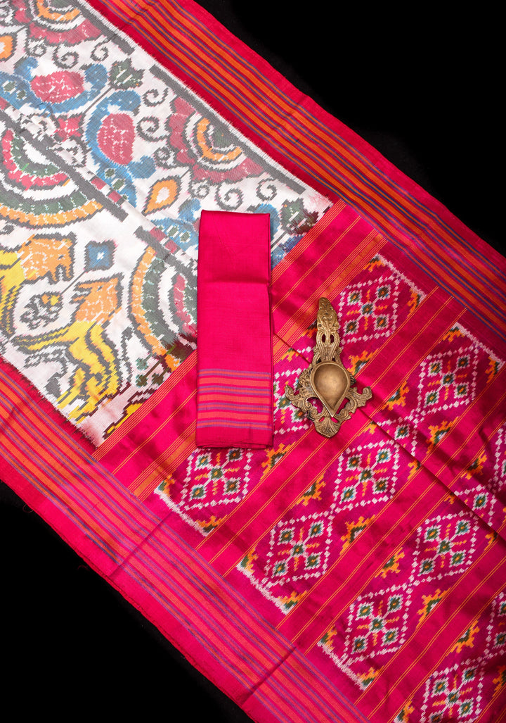 Off White Vanasingaram ikkat Silk Saree with Contrast Red Border | SILK MARK CERTIFIED