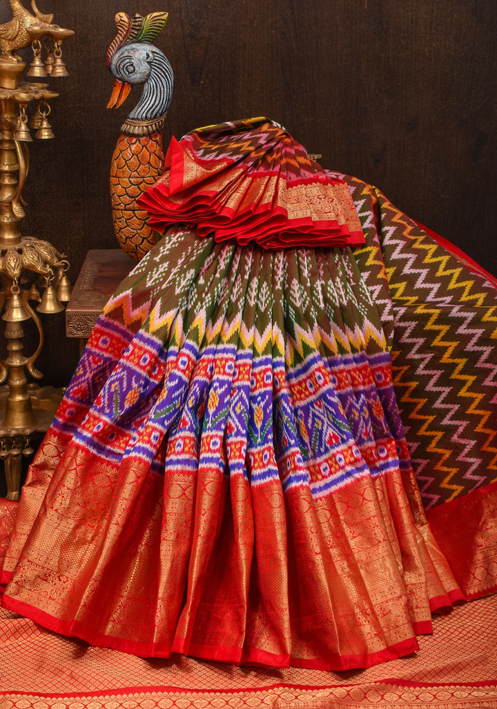 Unique Henna Green-Red dual tone  Ikkat Patola Kanjivaram Fusion Silk Saree with Panel design and zari border | SILK MARK CERTIFIED