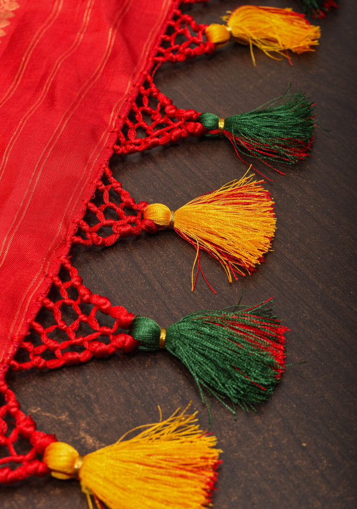 Unique Henna Green-Red dual tone  Ikkat Patola Kanjivaram Fusion Silk Saree with Panel design and zari border | SILK MARK CERTIFIED