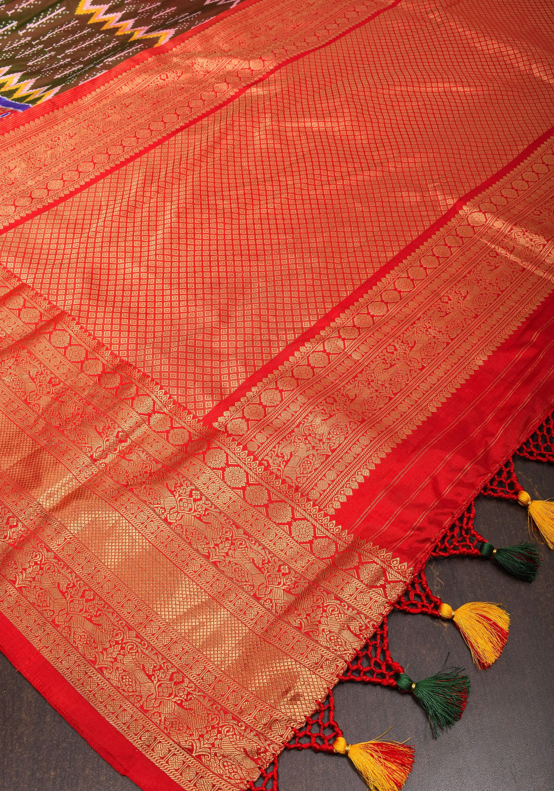 Unique Henna Green-Red dual tone  Ikkat Patola Kanjivaram Fusion Silk Saree with Panel design and zari border | SILK MARK CERTIFIED