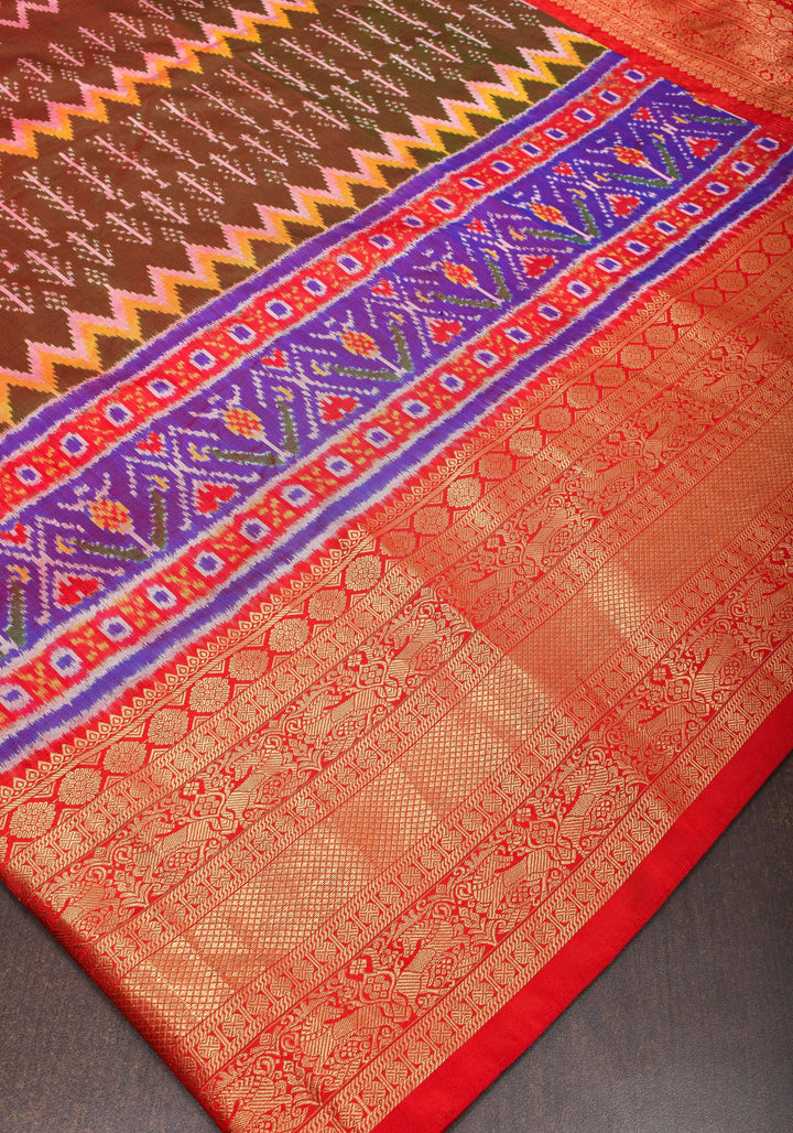 Unique Henna Green-Red dual tone  Ikkat Patola Kanjivaram Fusion Silk Saree with Panel design and zari border | SILK MARK CERTIFIED