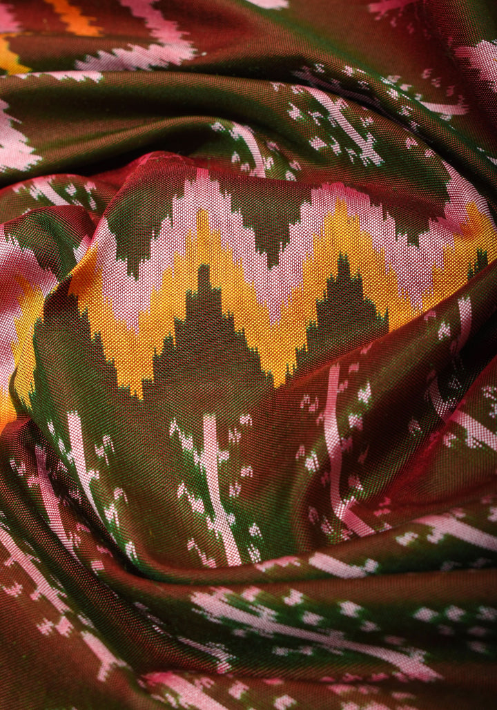Unique Henna Green-Red dual tone  Ikkat Patola Kanjivaram Fusion Silk Saree with Panel design and zari border | SILK MARK CERTIFIED