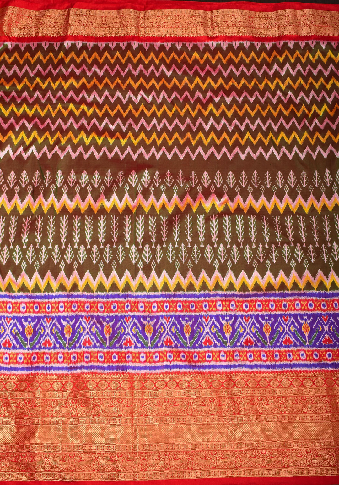 Unique Henna Green-Red dual tone  Ikkat Patola Kanjivaram Fusion Silk Saree with Panel design and zari border | SILK MARK CERTIFIED