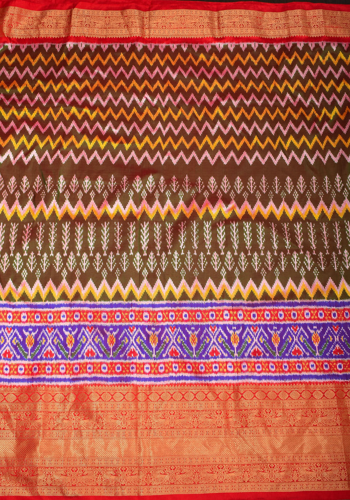 Unique Henna Green-Red dual tone  Ikkat Patola Kanjivaram Fusion Silk Saree with Panel design and zari border | SILK MARK CERTIFIED
