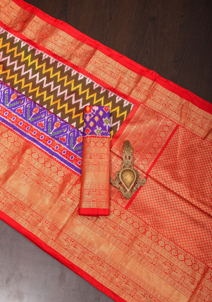 Unique Henna Green-Red dual tone  Ikkat Patola Kanjivaram Fusion Silk Saree with Panel design and zari border | SILK MARK CERTIFIED