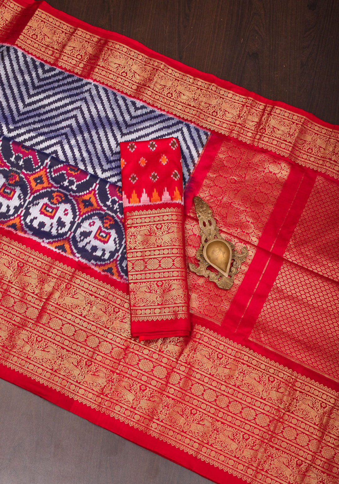 Unique Midnight Blue Ikkat Patola Kanjivaram Fusion Silk Saree with Panel design and zari border | SILK MARK CERTIFIED