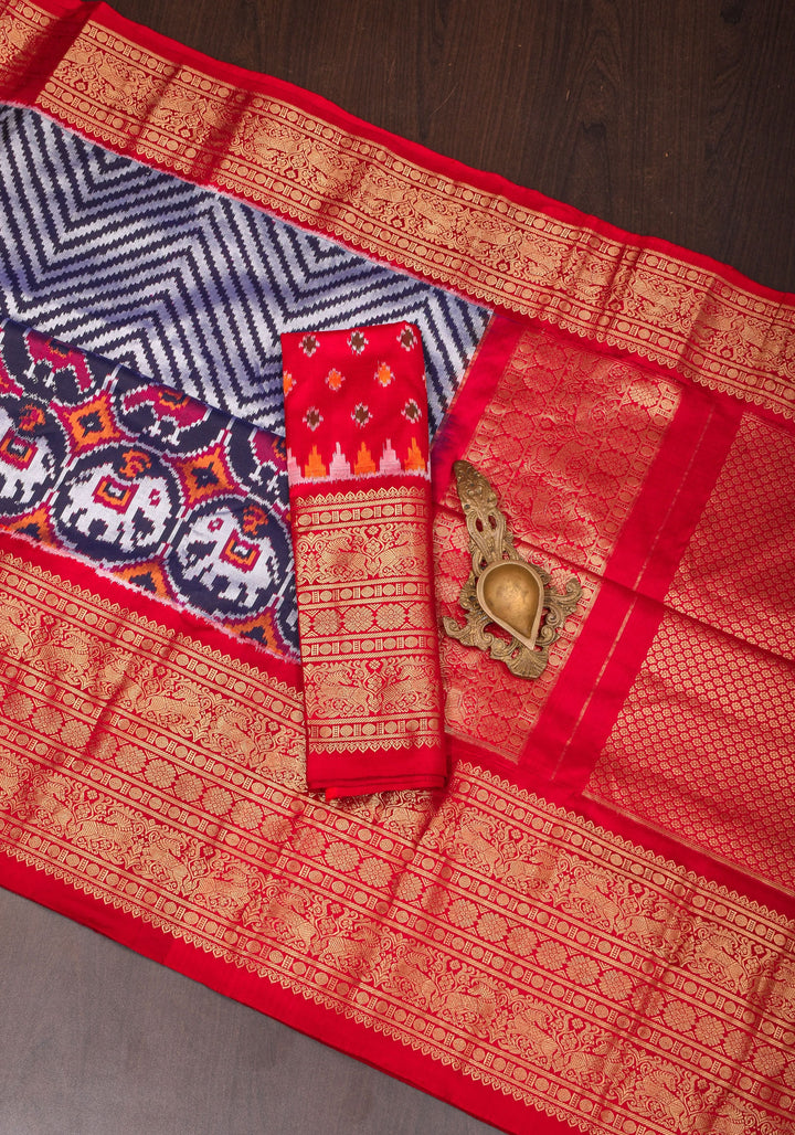 Unique Midnight Blue Ikkat Patola Kanjivaram Fusion Silk Saree with Panel design and zari border | SILK MARK CERTIFIED