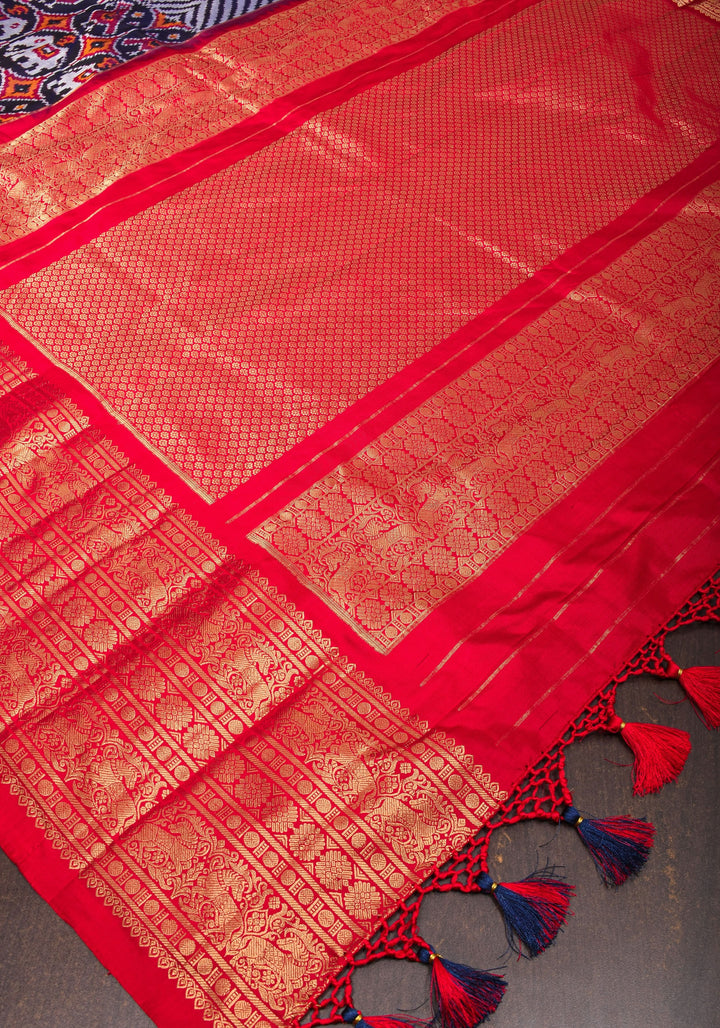 Unique Midnight Blue Ikkat Patola Kanjivaram Fusion Silk Saree with Panel design and zari border | SILK MARK CERTIFIED