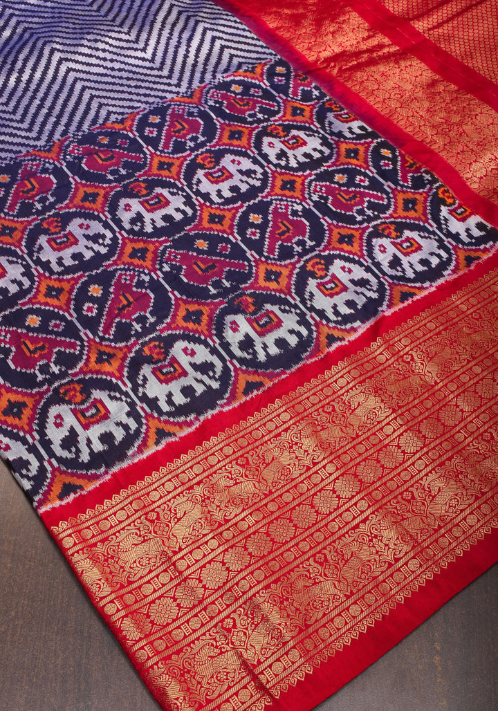 Unique Midnight Blue Ikkat Patola Kanjivaram Fusion Silk Saree with Panel design and zari border | SILK MARK CERTIFIED