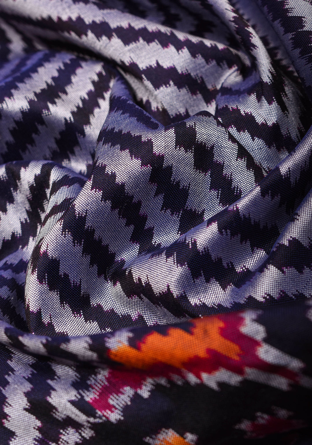 Unique Midnight Blue Ikkat Patola Kanjivaram Fusion Silk Saree with Panel design and zari border | SILK MARK CERTIFIED